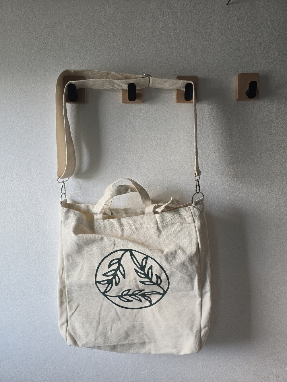 Canvas Tote Bag with Leaf Print - Cream